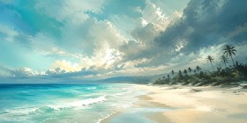 Karibischer Strand bei Licht und Wolken als Leinwand oder Poster