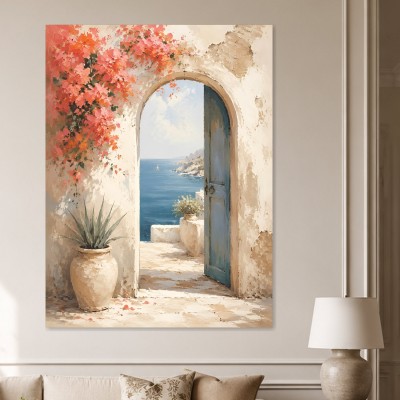 Mediterrane Küstenidylle als Leinwand oder Poster mit offener Tür