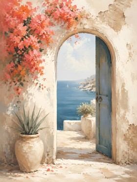 Mediterrane Küstenidylle als Leinwand oder Poster mit offener Tür Mediterrane Küstenidylle als Leinwand oder Poster mit offener Tür