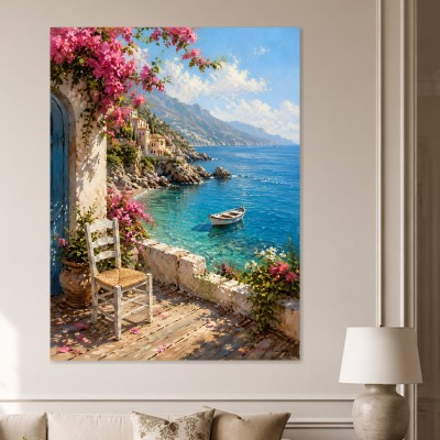 Mediterrane Küstenidylle als Leinwand oder Poster mit blühender Terrasse