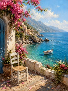 Mediterrane Küstenidylle als Leinwand oder Poster mit blühender Terrasse Mediterrane Küstenidylle als Leinwand oder Poster mit blühender Terrasse