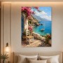 Mediterrane Küstenidylle als Leinwand oder Poster mit blühender Terrasse
