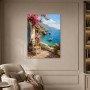Mediterrane Küstenidylle als Leinwand oder Poster mit blühender Terrasse