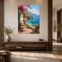 Mediterrane Küstenidylle als Leinwand oder Poster mit blühender Terrasse