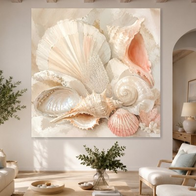 Muscheln und Seestern als Leinwand oder Poster in zarten Naturtönen