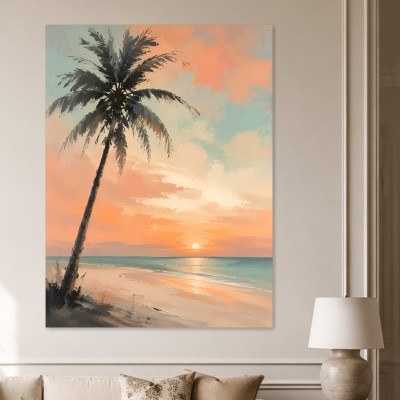 Palmenstrand bei Sonnenuntergang als Leinwand oder Poster