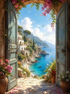 Mediterrane Küste mit offener Tür, Leinwand oder Poster Mediterrane Küste mit offener Tür, Leinwand oder Poster