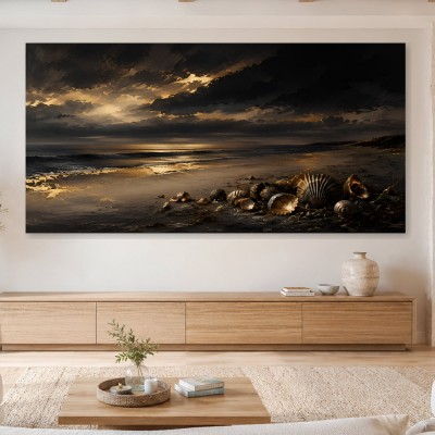 Düsterer Strandabend als Leinwand oder Poster mit goldenen Lichtakzenten