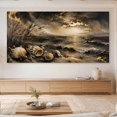 Goldene Küstenlandschaft als Leinwand oder Poster mit Muscheln