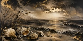 Goldene Küstenlandschaft als Leinwand oder Poster mit Muscheln