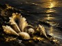 Goldene Muscheln am dunklen Strand, Leinwand oder Poster