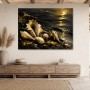 Goldene Muscheln am dunklen Strand, Leinwand oder Poster