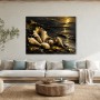 Goldene Muscheln am dunklen Strand, Leinwand oder Poster