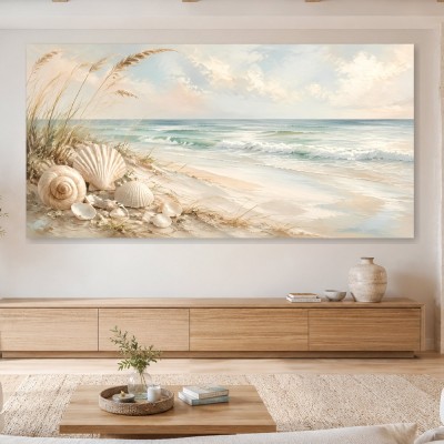 Sanfter Strandblick als Leinwand oder Poster mit Muscheln
