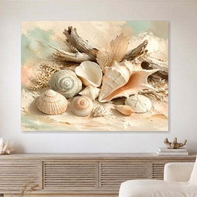 Muscheln und Treibholz als Leinwand oder Poster für helle Küstenräume