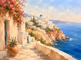 Santorini Küstenblick als Leinwand oder Poster mit mediterranem Flair Santorini Küstenblick als Leinwand oder Poster mit mediterranem Flair