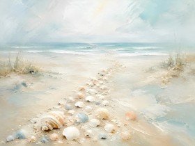 Küstenmuscheln am Strand, Leinwand oder Poster mit sanfter Meeresstimmung