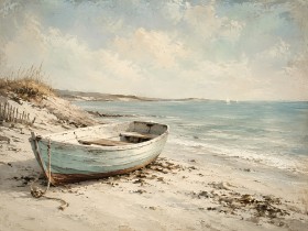 Küstenboot am Strand als Leinwand oder Poster