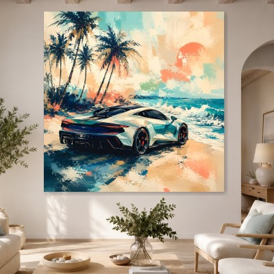 Sportwagen am Strand als Modernes Wandbild oder Fine Art Print