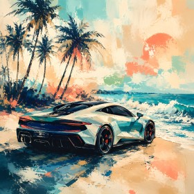Sportwagen am Strand als Modernes Wandbild oder Fine Art Print
