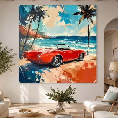 Roter Klassiker am Strand, Leinwandbild oder Poster mit mediterranem Flair