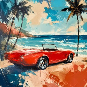 Roter Klassiker am Strand, Leinwandbild oder Poster mit mediterranem Flair