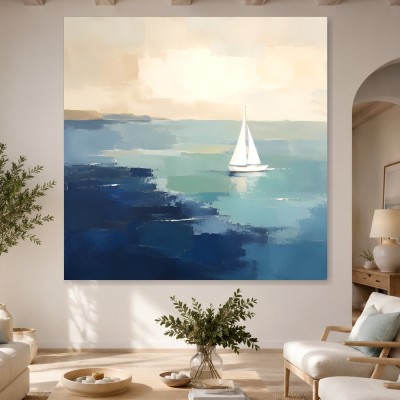 Maritimes Wandbild oder Leinwandbild mit Segelboot in ruhiger Küstenfarbe