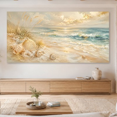 Strandruhe als Leinwand oder Poster in sanften Goldtönen