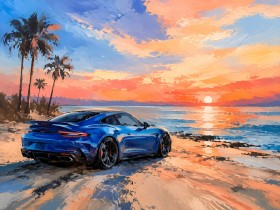 Blauer Sportwagen am Strand, Modernes Wandbild oder Poster Blauer Sportwagen am Strand, Modernes Wandbild oder Poster