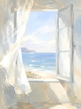 Helles Fenster zum Meer, Leinwand oder Poster mit ruhiger Küstenstimmung Helles Fenster zum Meer, Leinwand oder Poster mit ruhiger Küstenstimmung