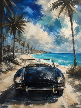 Vintage Roadster am Strand, Leinwand oder Poster mit Küstenflair Vintage Roadster am Strand, Leinwand oder Poster mit Küstenflair