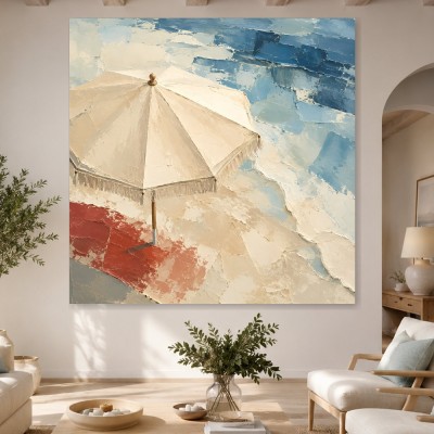 Strandmotiv mit Sonnenschirm als Leinwand oder Poster