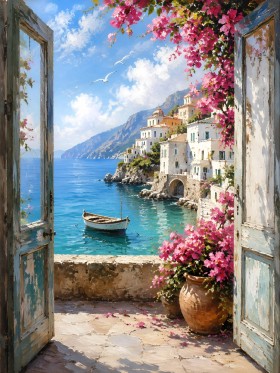 Mediterrane Küstenansicht als Leinwand oder Poster mit blühendem Balkon Mediterrane Küstenansicht als Leinwand oder Poster mit blühendem Balkon
