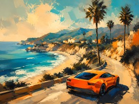 Küstenstraße mit Sportwagen, Leinwand oder Gallery Print Küstenstraße mit Sportwagen, Leinwand oder Gallery Print
