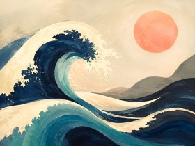 Abstraktes Wandbild oder Fine Art Print mit Wellen und Sonne Abstraktes Wandbild oder Fine Art Print mit Wellen und Sonne