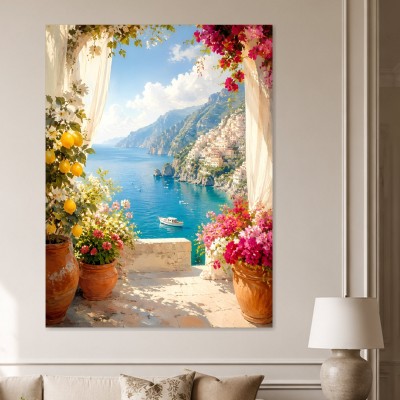 Mediterrane Küste mit Bougainvillea, Leinwand oder Acrylbild