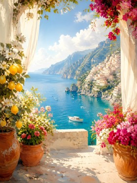 Mediterrane Küste mit Bougainvillea, Leinwand oder Acrylbild Mediterrane Küste mit Bougainvillea, Leinwand oder Acrylbild