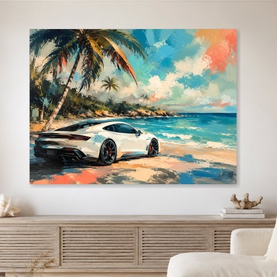 Sportwagen am tropischen Strand als Leinwand oder Acrylbild