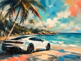 Sportwagen am tropischen Strand als Leinwand oder Acrylbild Sportwagen am tropischen Strand als Leinwand oder Acrylbild