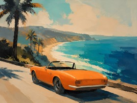Orangefarbenes Cabrio an der Küste, Leinwand oder Poster für moderne Räume Orangefarbenes Cabrio an der Küste, Leinwand oder Poster für moderne Räume