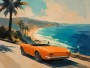 Orangefarbenes Cabrio an der Küste, Leinwand oder Poster für moderne Räume