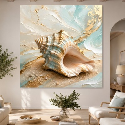 Muschelkunst in Gold und Meergrün, Wandbild oder Fine Art Print