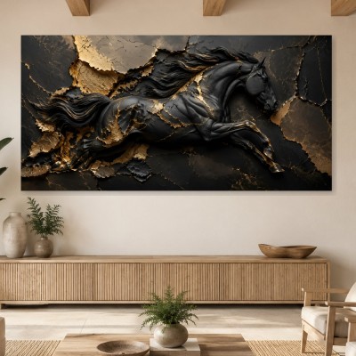 Schwarzes Pferd als Wandbild oder Fine Art Print mit goldenen Akzenten