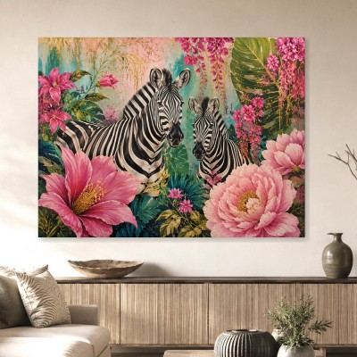 Zebras im Blütenmeer als Leinwand oder Poster