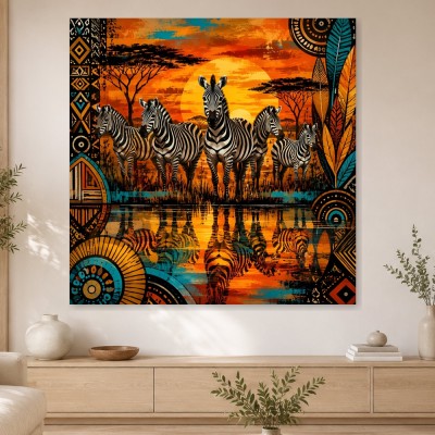 Afrikanische Zebras bei Sonnenuntergang, Modernes Wandbild oder Fine Art Print