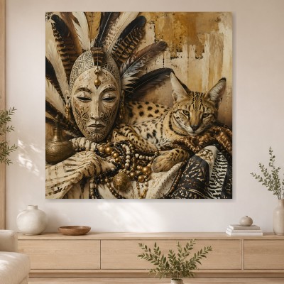 Maskenporträt und Serval als Kunstwerk oder Wandbild