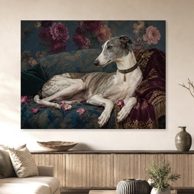 Elegantes Hundeporträt als Leinwand oder Poster im floralen Barockstil