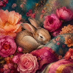 Hasenmotiv zwischen Blüten, Leinwand oder Poster mit poetischer Farbpracht Hasenmotiv zwischen Blüten, Leinwand oder Poster mit poetischer Farbpracht