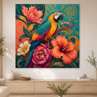 Exotischer Papagei mit Blüten als Wandbild oder Kunstdruck