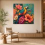 Exotischer Papagei mit Blüten als Wandbild oder Kunstdruck